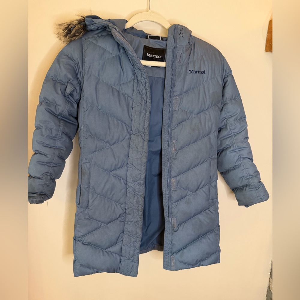 Girl’s Marmot Blue Puffer Jacket with detachable fur trim
